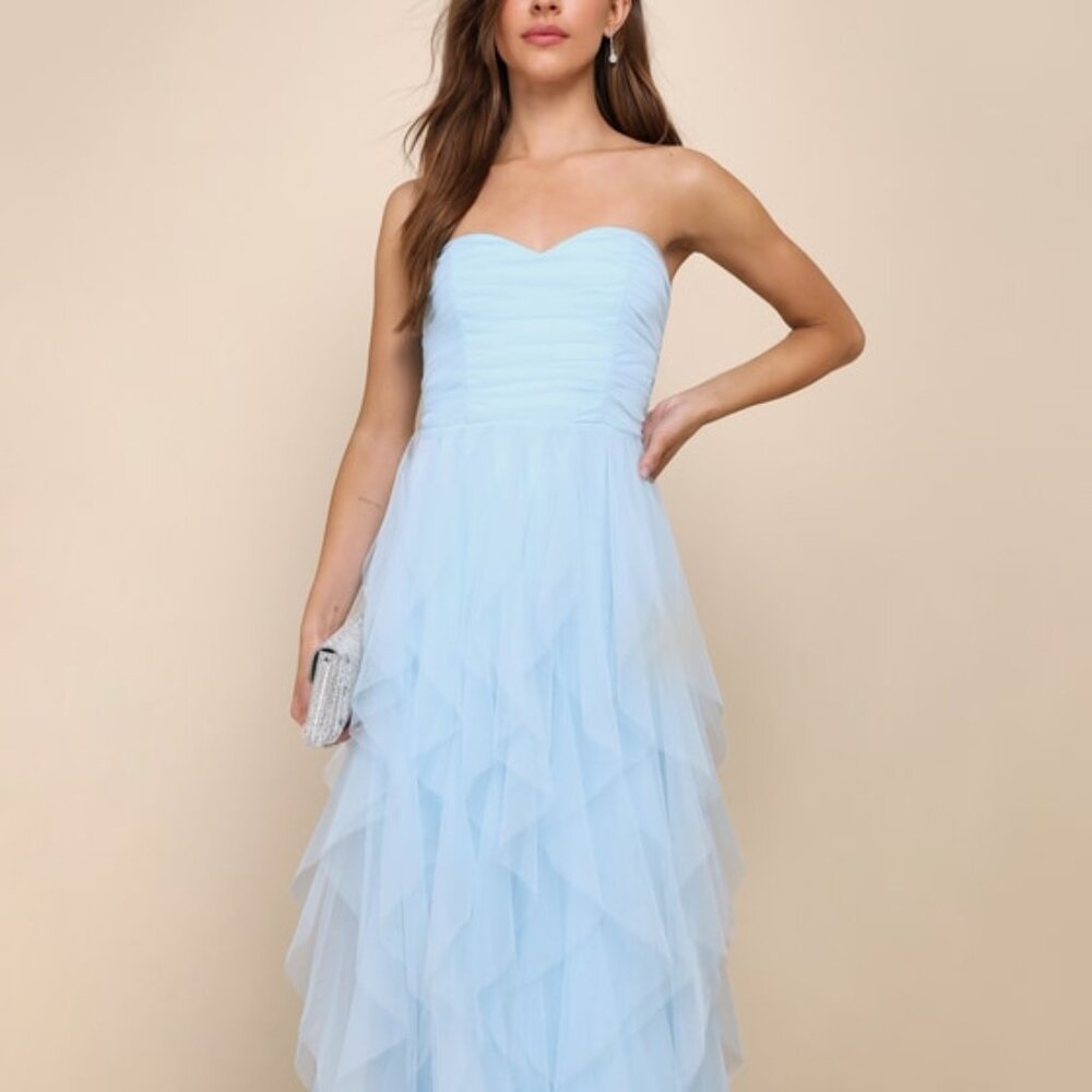 Lulus Delightful Beauty Blue Mesh Strapless Ruched Ruffled Maxi Dress - Size S